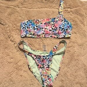 surf style One-Shoulder Floral Bikini - Pink, Blue, Green
